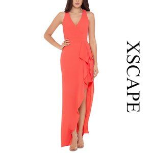 XSCAPE Sheath Ruffled Draped V-Neck Dress (Coral)
